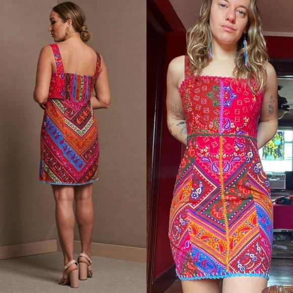 FARM RIO Linen Floral Paisley Patchwork Scarf Print Sleeveless Sheath Dress S - Picture 2 of 8